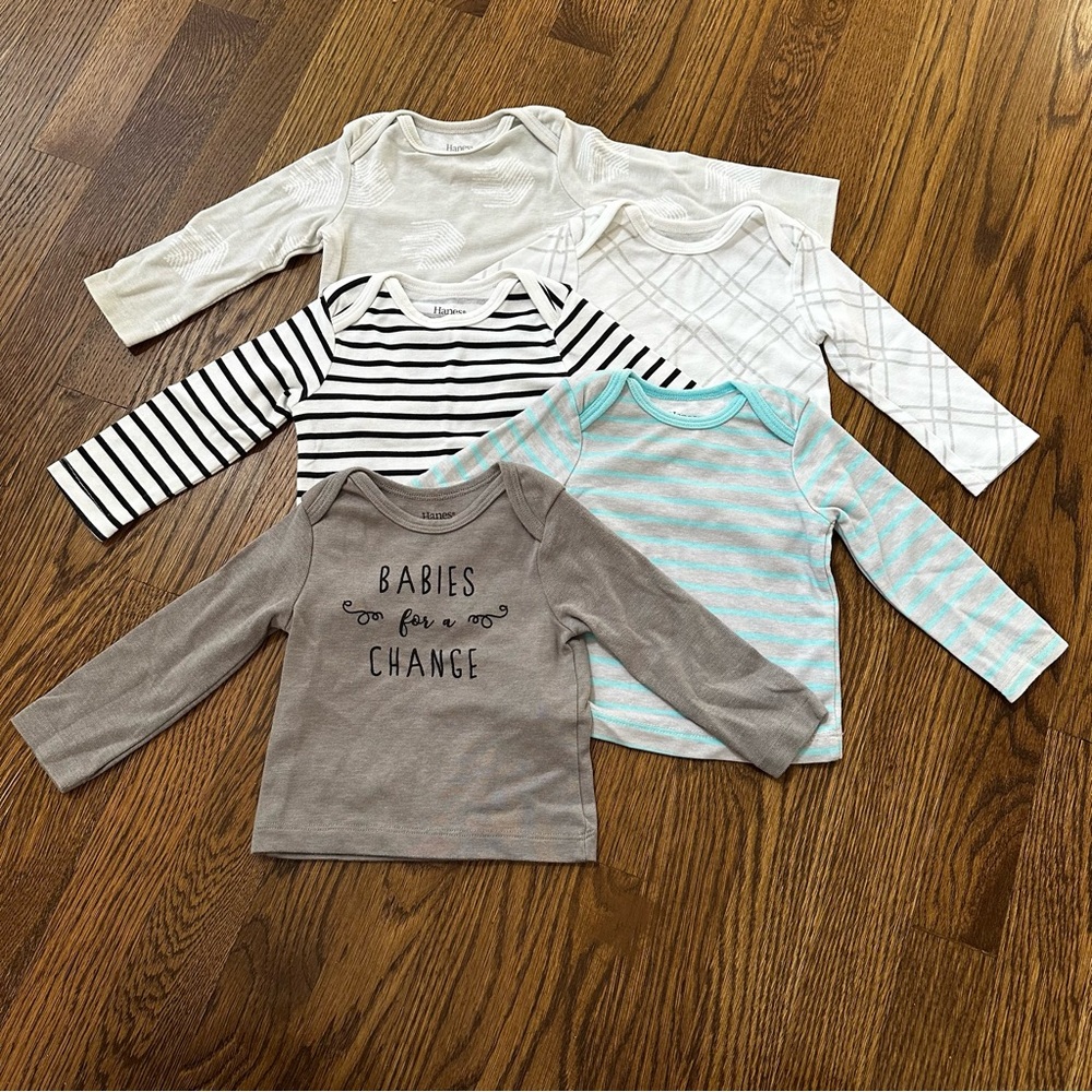 Hanes Flexy soft knit long-sleeve shirt bundle, size 6-12M (set of 5)